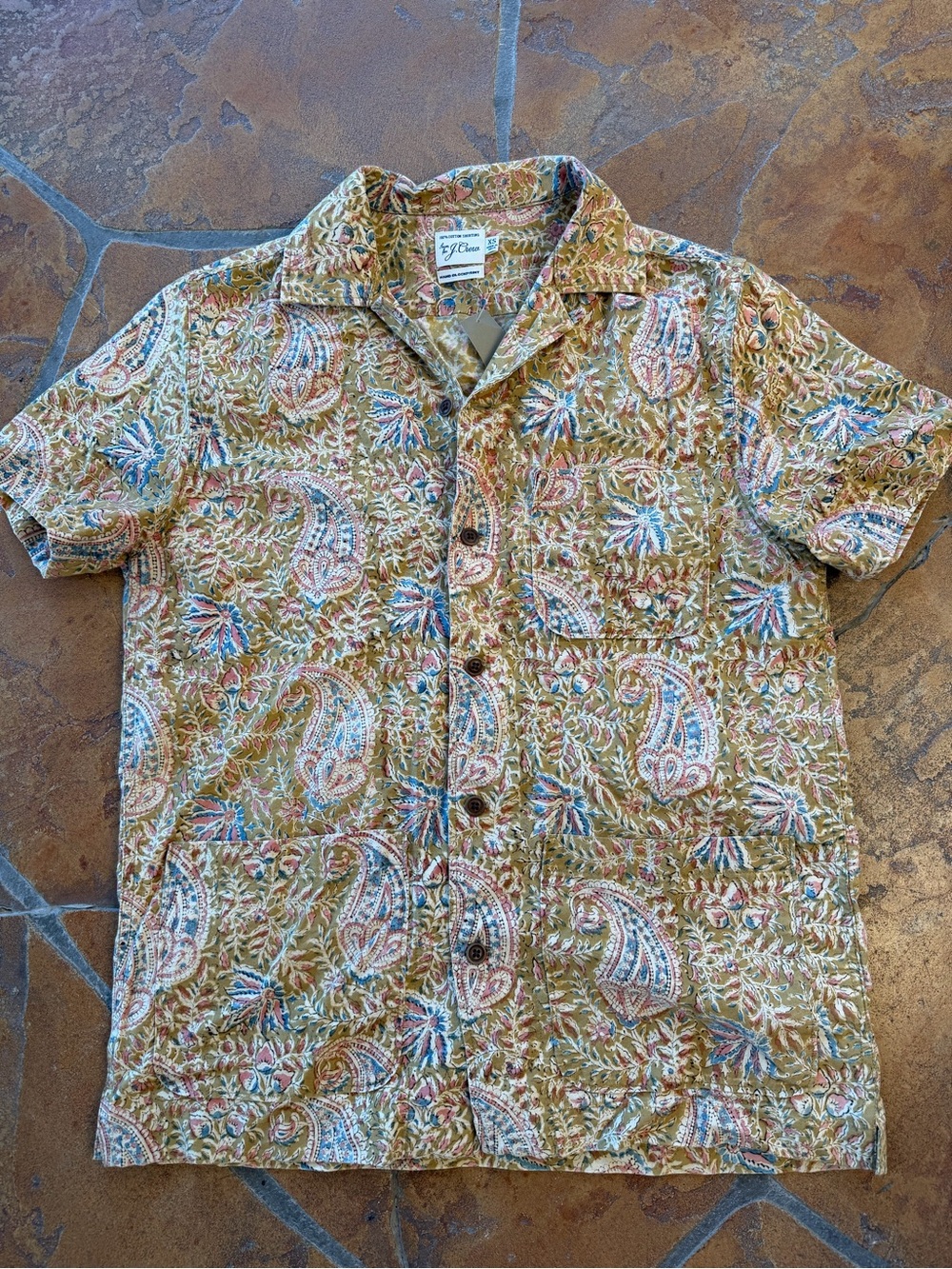 J.Crew Block-print Cotton Yellow Paisley Short Sleeve Button-Up Shirt Men's XS